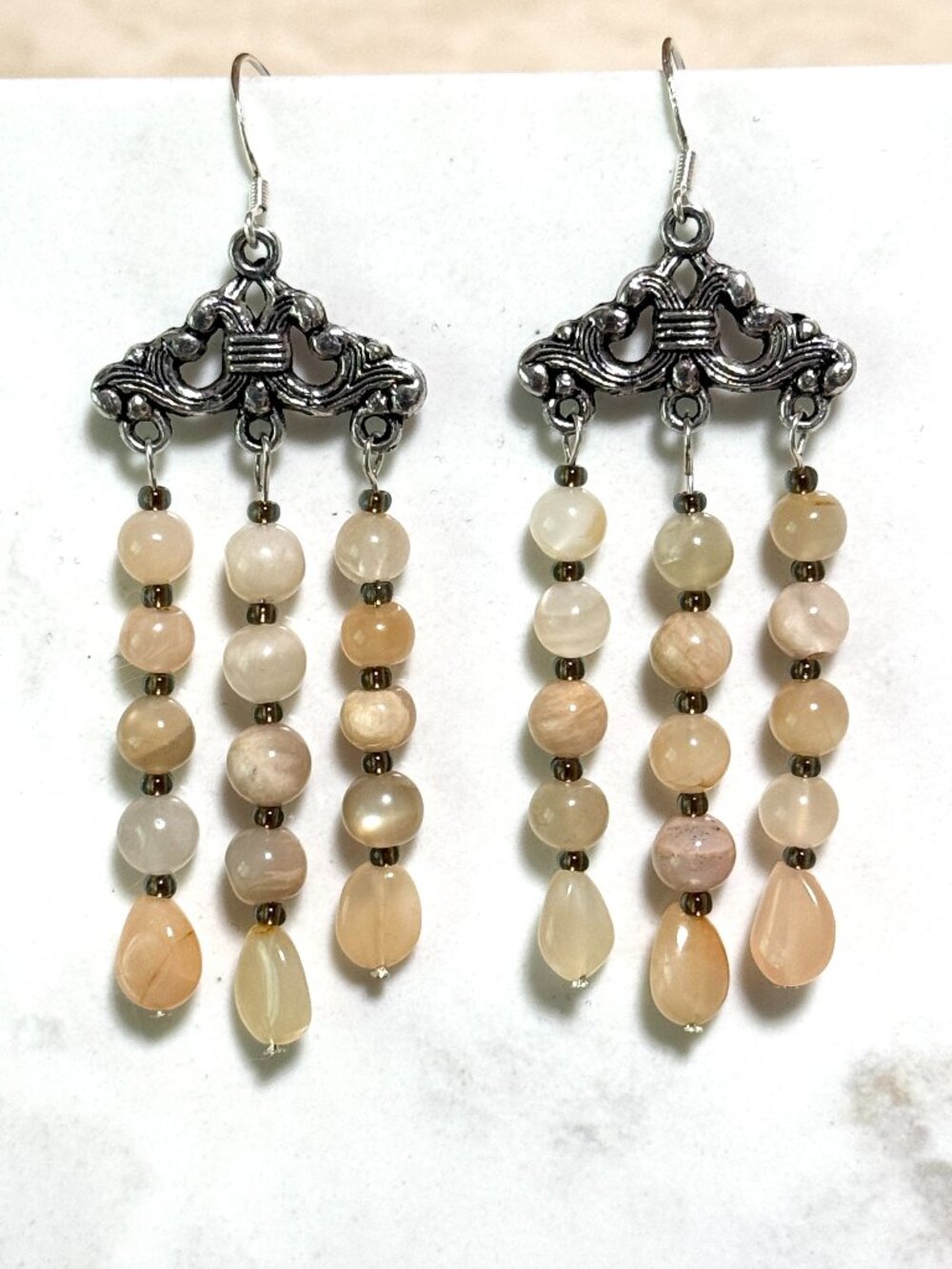 2/20$, Peach Moonstone Chandelier Earrings, Gemstone & Sterling Silver Hooks